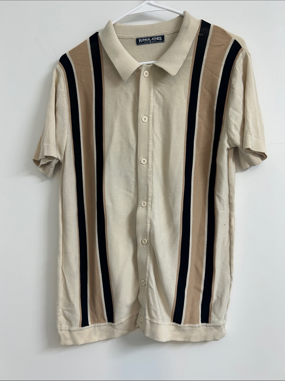 P. J. Paul Jones Beige Short-Sleeve Polo with Vertical Stripes
